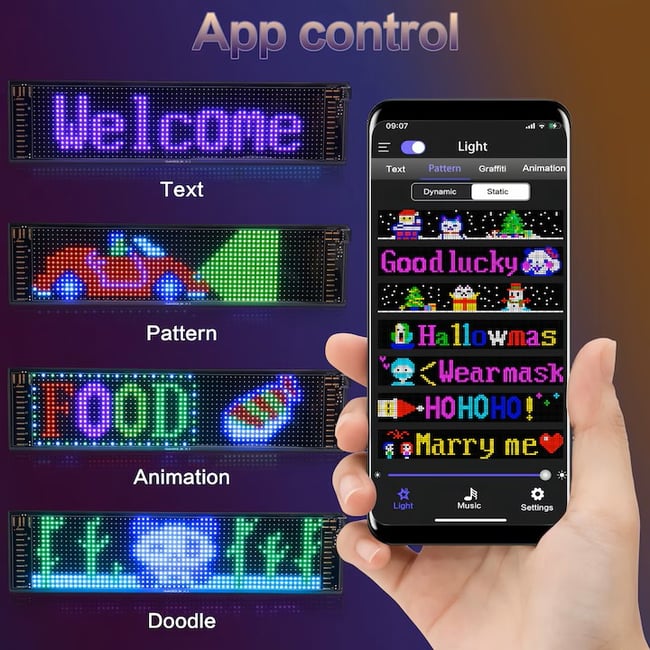 Panou LED Matrix auto, Control APP, Waterproof, IP65, Panou LED flexibil programabil, multicolor，120mmx595mm, 1536 buc margele de lampa LED, 16x96 pixeli