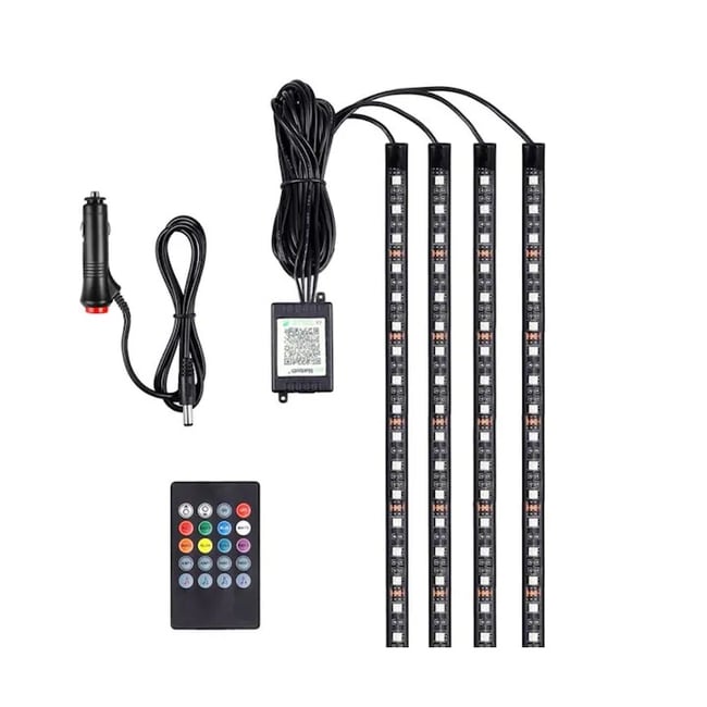 Kit Iluminare Ambientala Auto LED RGB, 18 LED-URI, Interior, 4 benzi, Senzor Muzica, Multicolor, 12V, Cu Telecomanda