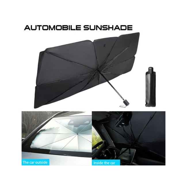 Parasolar auto pliabil pentru parbriz masina, in forma de umbrela, rezistent UV, 145 x 79 cm, negru, Miromoto®
