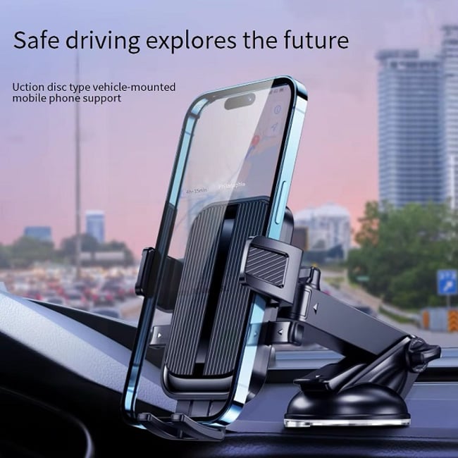 Suport auto universal pentru telefon mobil, ventuza, montare pe parbriz sau bord, brat telescopic reglabil, negru