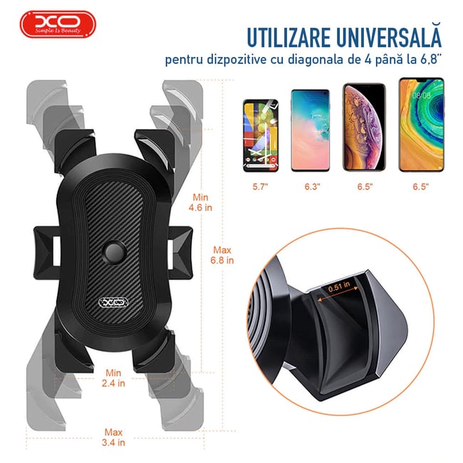 Suport Telefon pentru Bicicleta / Motocicleta, Prindere in Colturi, Anti-shake, Multidirectional 360​​°, Universal, Deschidere 60-90mm (XO-C51)