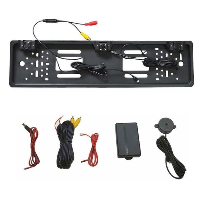 Suport numar auto cu camera video marsarier, IR, unghi filmare 170 grade + senzori de parcare, negru