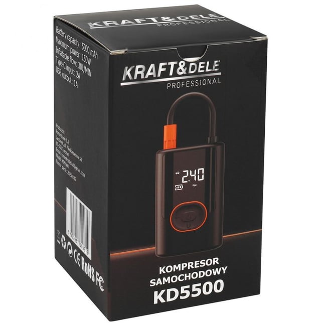 Compresor auto cu acumulator, Kraft&Dele KD5500, 5000 mAh, 0.3 - 10 bar, lanterna, baterie externa, 3in1, 30 L/min