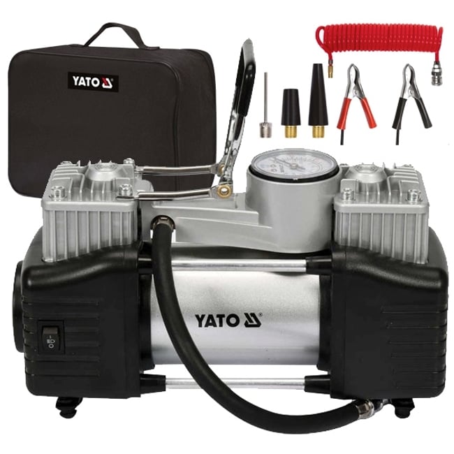 Compresor aer, auto, Yato YT-73462, 10 bar, 12 V, 250 W, buton On/Off, manometru analog, debit aer 60 l/min, adaptoare incluse