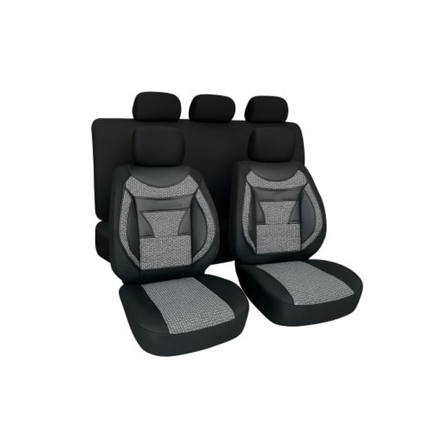 Set huse scaune auto, universale, 11 piese, fata-spate, textil cu imitatie piele, gri|alb