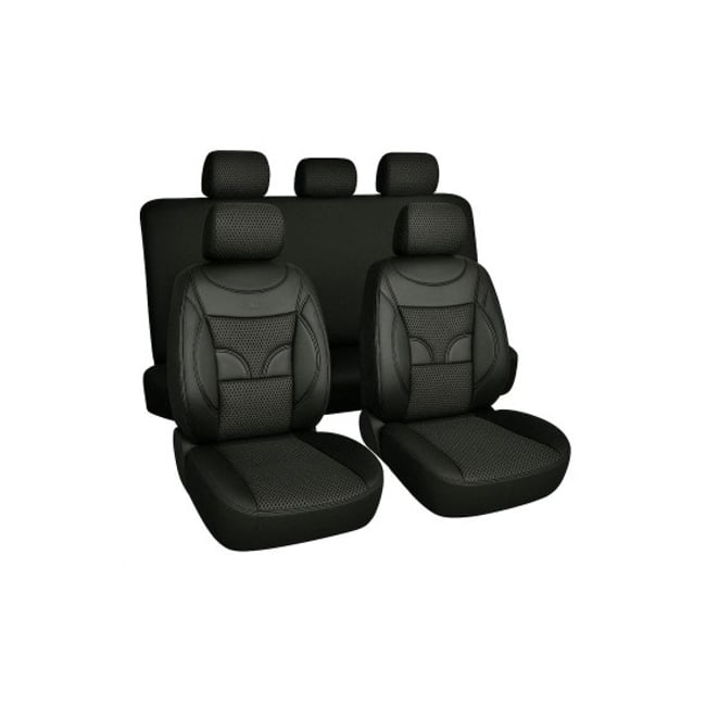 Set huse scaune auto, universale, 11 piese, fata-spate, textil cu imitatie piele, NEGRU