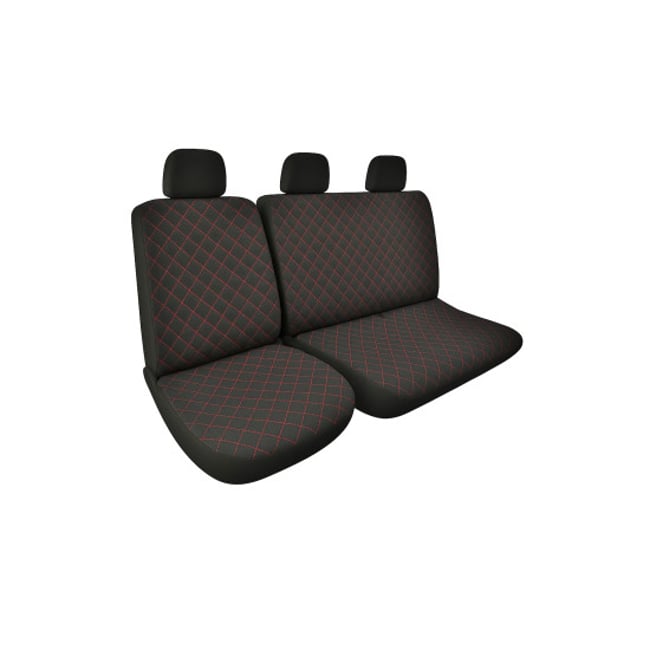 Huse auto universale pentru autoutilitare / dube / van-uri, material textil 2+1 pentru scaun sofer + bancheta stanga, model romb, premium, negru-rosu