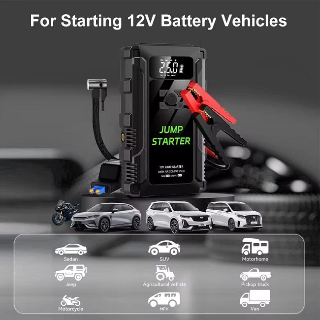 Starter Auto Portabil, 29800 mAh, 12 V, putere maxima 2500a, start 750A, Lanterna, 1X USB A, 1X USB Type-C, compresor integrat, 10bar, Afisaj Digital