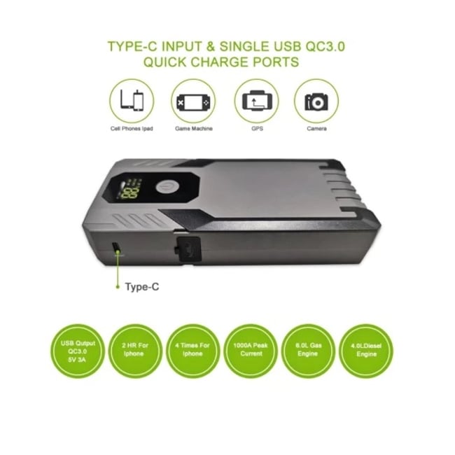 Starter Auto Portabil, 14800 mAh, 12 V, 500A, Lanterna, 2X USB A, 1X USB Type-C, Afisaj Digital