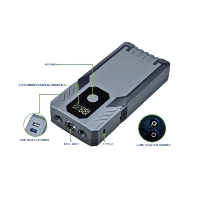 Starter Auto Portabil, 14800 mAh, 12 V, 500A, Lanterna, 2X USB A, 1X USB Type-C, Afisaj Digital