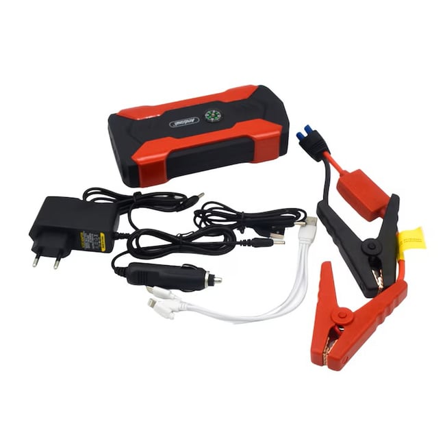 Starter auto, pentru motor benzina/diesel, multifunctional, 15000 mAh, 12V-19 V output, 4 iesiri USB, lumini de urgenta, busola, 17X8.8X3.8 cm, temperaturi de rezistenta -40 C, +80 C, afisaj electronic, ciocan multifunctional, rosu/negru