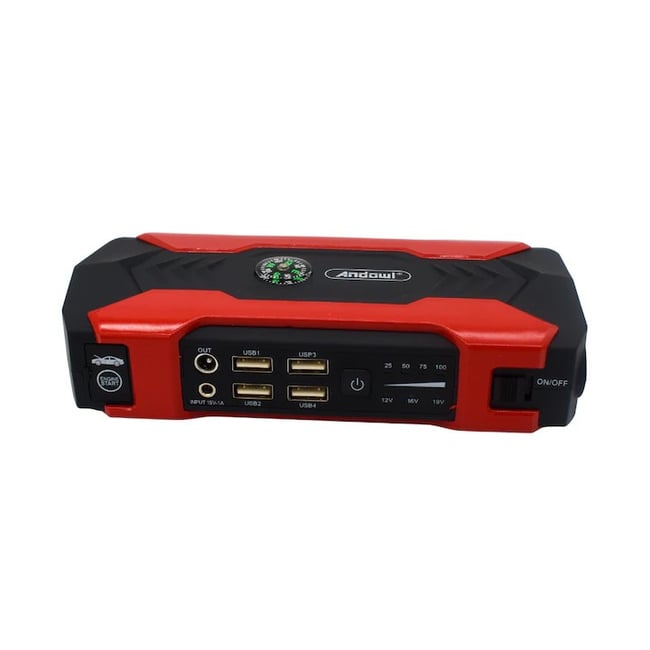 Starter auto, pentru motor benzina/diesel, multifunctional, 15000 mAh, 12V-19 V output, 4 iesiri USB, lumini de urgenta, busola, 17X8.8X3.8 cm, temperaturi de rezistenta -40 C, +80 C, afisaj electronic, ciocan multifunctional, rosu/negru