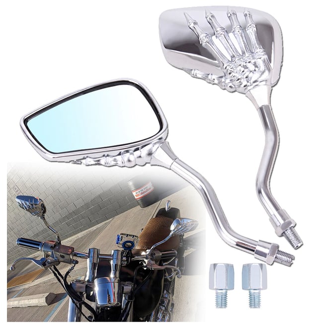 Set oglinzi moto si ATV, filet M8-M10, model retro Chopper mana schelet, culoare crom argintiu