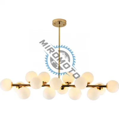 Lustra moderna aurie cu 16 globuri de sticla albe, orizontala