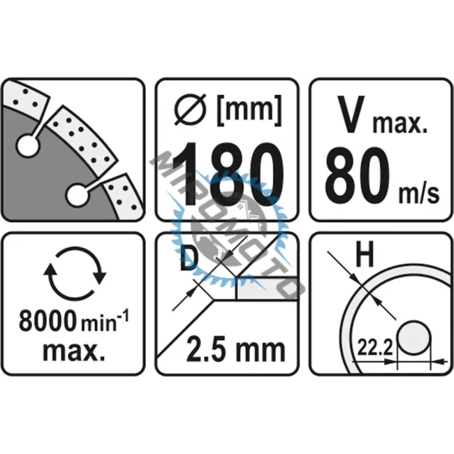 Disc diamantat de taiere segmentat, 180x22.2x2.5 mm, taiere uscata, Yato YT-6004