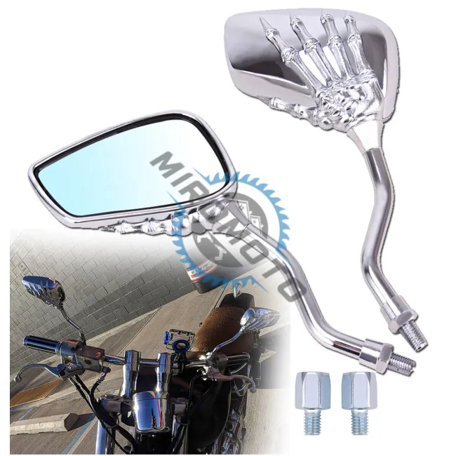 Set oglinzi moto si ATV, filet M8-M10, model retro Chopper mana schelet, culoare crom argintiu