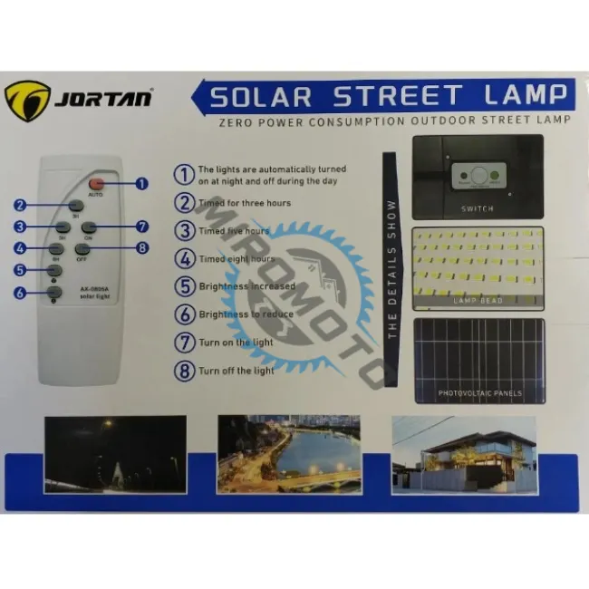 Lampa solara stradala cu panou solar si telecomanda, 800 W, Jortan JT-BKRT-800W, suport metalic, rezistent la apa