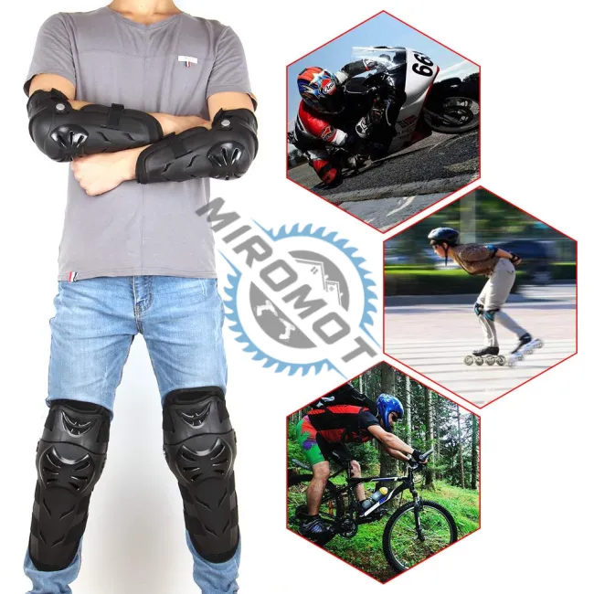 Set protectii moto, genunchere si cotiere, prindere Velcro, benzi elastice, ventilate, culoarea neagra