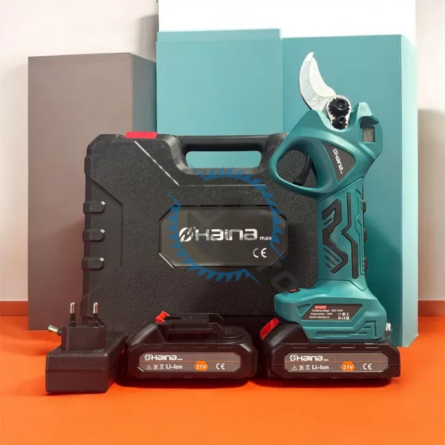 Foarfeca electrica pe acumulator pentru gradina, Haina H-1217, 21 V, 2 acumulatori 2.0 Ah, cu afisaj, taiere maxim 25 mm, incarcator + valiza transport