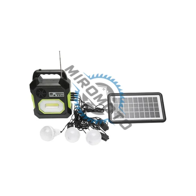 Kit iluminat portabil LED cu 3 becuri/proiector, radio FM panou solar si baterie 6V, 4.5 Ah pentru pescuit camping GD-15