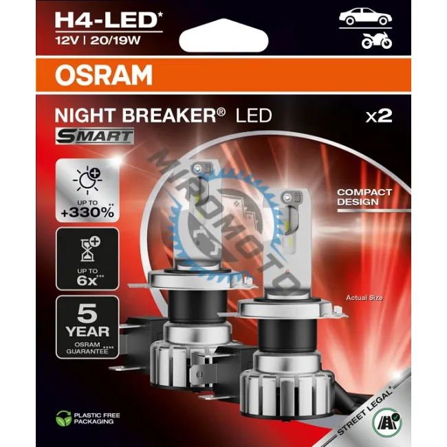 Set 2 becuri H4 led night breaker smart osram, omologate rar, 6000K, alb-rece, + 330%, 20/19W, 12v