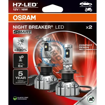 Set 2 becuri H7 led night breaker smart osram, omologate rar, 6000k, alb-rece, + 330%, 16W, 12v Set 2 becuri H7 led night breaker smart osram, omologate rar, 6000k, alb-rece, + 330%, 16W, 12v