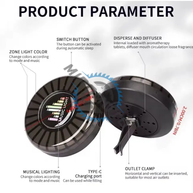 Odorizant pentru masina cu lumini led RGB care ritmeaza pe muzica, suport prindere grila ventilatie, incarcare USB, Negru