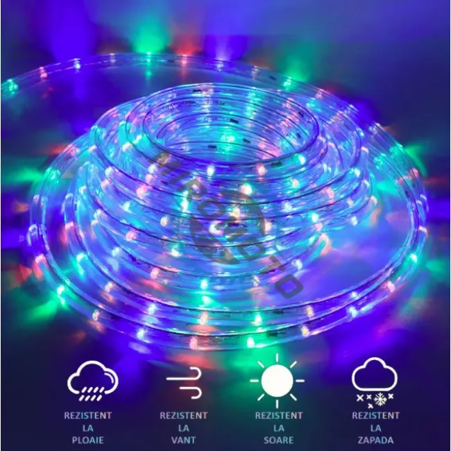 Instalatie de Craciun tip furtun, flexibila, leduri RGB multicolor, pentru exterior si interior, 8 moduri de iluminare, IP44, 20 m