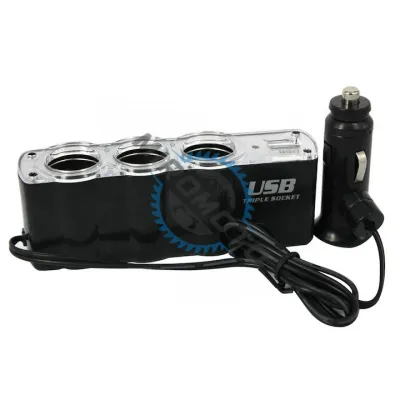 Adaptor priza auto, 60W, 3 x Soclu, cu USB, lungime cablu 70cm Adaptor priza auto, 60W, 3 x Soclu, cu USB, lungime cablu 70cm