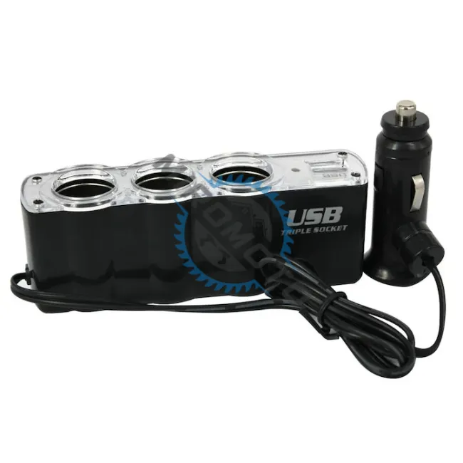 Adaptor priza auto, 60W, 3 x Soclu, cu USB, lungime cablu 70cm