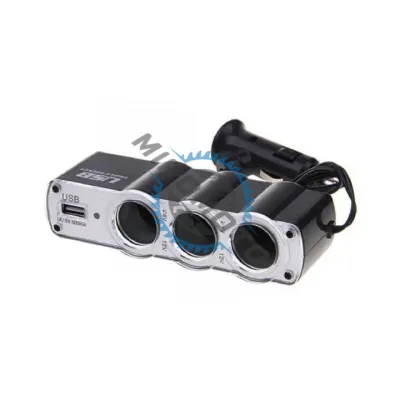 Adaptor priza auto, 60W, 3 x Soclu, cu USB, lungime cablu 70cm Adaptor priza auto, 60W, 3 x Soclu, cu USB, lungime cablu 70cm