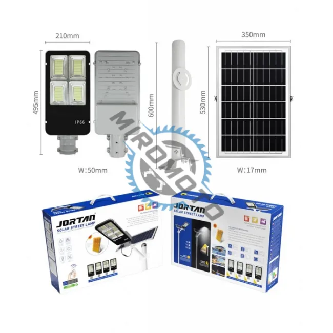 Lampa solara stradala cu panou solar si telecomanda, 300 W, Jortan JT-A73JR-2411-13, suport metalic, rezistent la apa