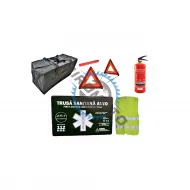 Kit siguranta auto, omologat RAR, 1 trusa medicala, 1 stingator, 2 triunghiuri, 1 vesta reflectorizanta, 1 geanta transport