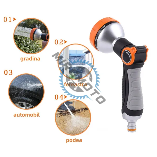 Set pistol pentru stropit, cu 8 functii, reglabil, 5 piese, ergonomic, pentru udat/stropit, plastic, Negru/Portocaliu Set pistol pentru stropit, cu 8 functii, reglabil, 5 piese, ergonomic, pentru udat/stropit, plastic, Negru/Portocaliu