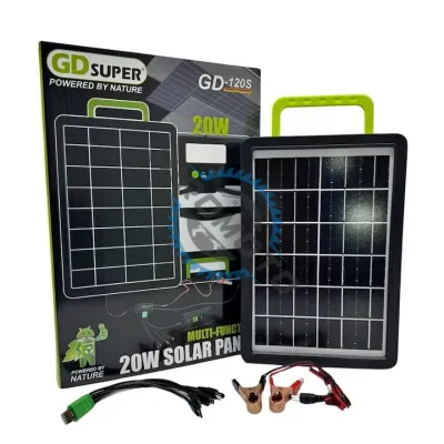 Panou solar 20W cu acumulator 2400mAh, GD-120S, portabil, ABS, cu cabluri de incarcare device-uri, 37x38 cm, negru