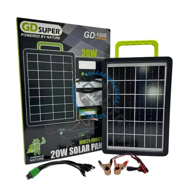 Panou solar 20W cu acumulator 2400mAh, GD-120S, portabil, ABS, cu cabluri de incarcare device-uri, 37x38 cm, negru Panou solar 20W cu acumulator 2400mAh, GD-120S, portabil, ABS, cu cabluri de incarcare device-uri, 37x38 cm, negru
