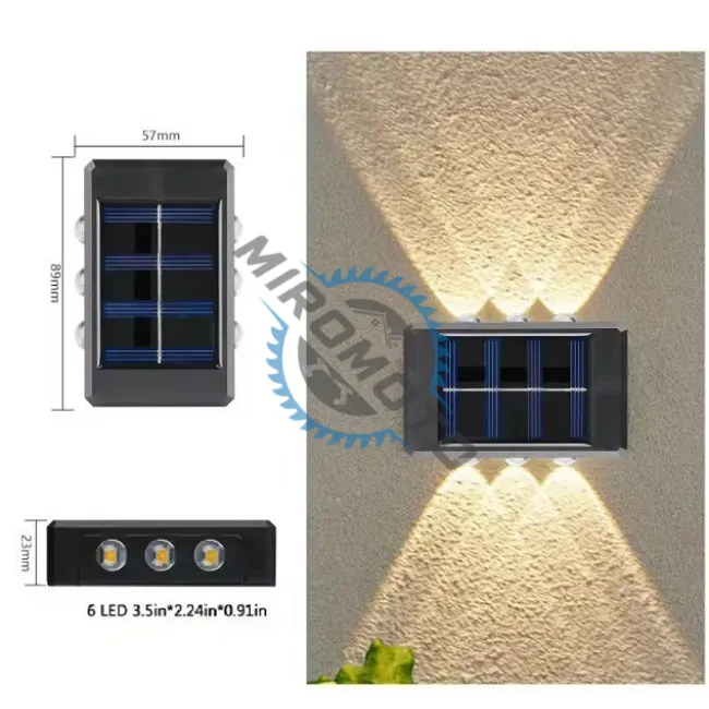 Lampa solara de perete, buton on-off, lumina calda, ip65, 6 led-uri, unghi 120 grade, 25 lumeni Lampa solara de perete, buton on-off, lumina calda, ip65, 6 led-uri, unghi 120 grade, 25 lumeni