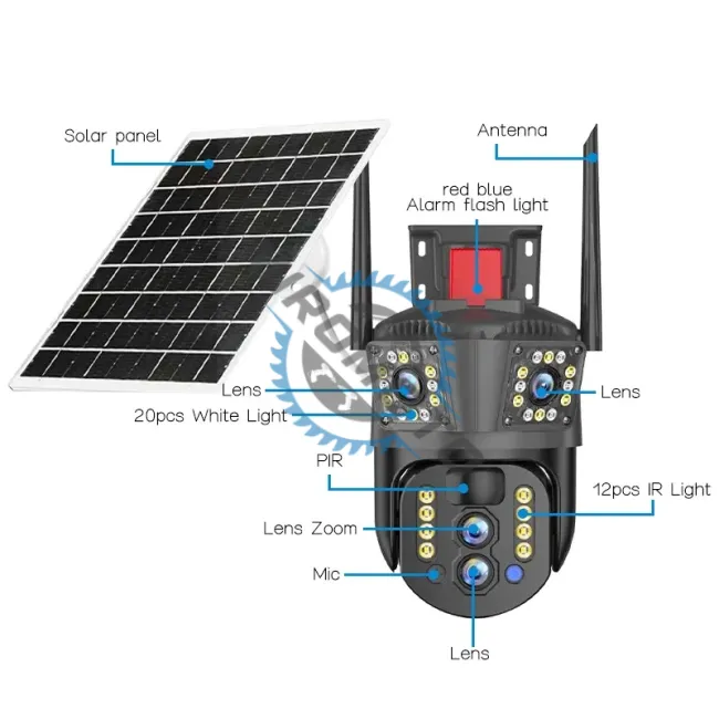 Camera de supraveghere, conexiune 4G sim slot, cu panou solar, 4 camere, zoom optic 10X, detecție umană PIR, LED-uri IR și alarmă, rotație 355°/90°, rezistență la apă IP66, control prin aplicație Camera de supraveghere, conexiune 4G sim slot, cu panou solar, 4 camere, zoom optic 10X, detecție umană PIR, LED-uri IR și alarmă, rotație 355°/90°, rezistență la apă IP66, control prin aplicație