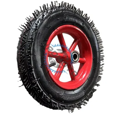 Roata roaba cu camera 3.50-8, ax 20 mm, rulment, janta metalica rosie model spite Roata roaba cu camera 3.50-8, ax 20 mm, rulment, janta metalica rosie model spite