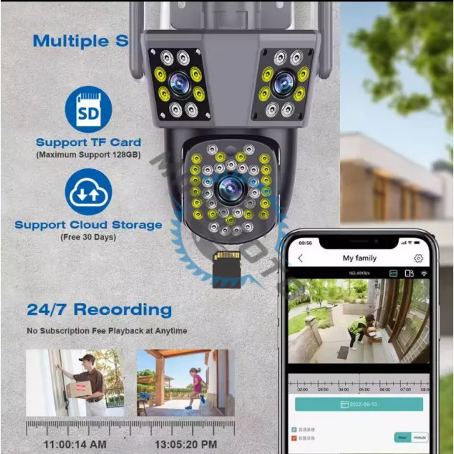 Camera de supraveghere 3 lentile, 3 obiective, 12 MP, conexiune WIFI 2.4GHz, rotire 360 grade PTZ cu senzor de miscare, alarma, detectie umana si aplicatie IPC360 Home