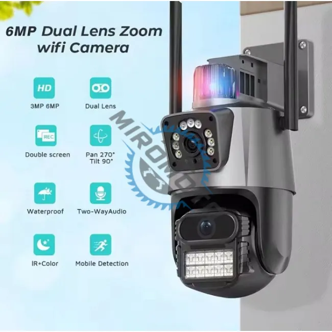 Camera de supraveghere lentila dubla 6 MP, P2P conexiune WIFI 2.4G, rotire 360 grade PTZ cu senzor de miscare, alarma, detectie umana si aplicatie iCSee Camera de supraveghere lentila dubla 6 MP, P2P conexiune WIFI 2.4G, rotire 360 grade PTZ cu senzor de miscare, alarma, detectie umana si aplicatie iCSee