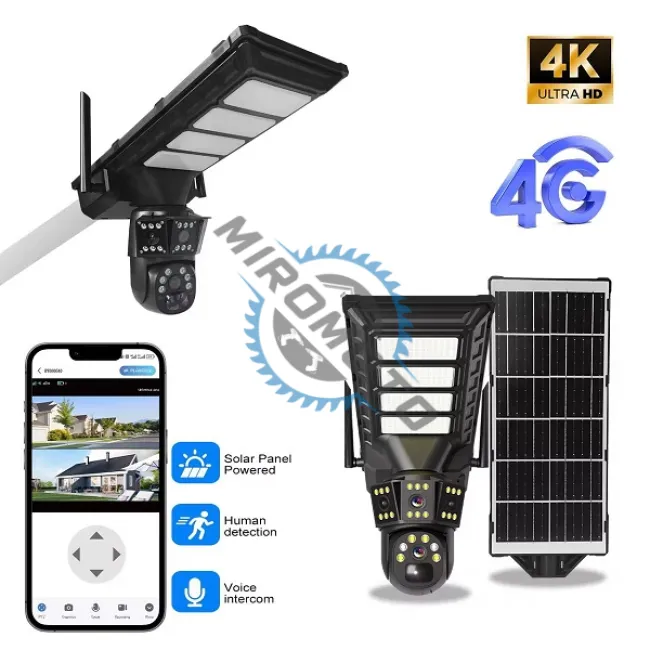 Camera de supraveghere video incorporata cu panou solar si lumina led, conexiune 4G sim slot, 3MP, 2 lentile, rotire 355°, senzor miscare, detectie umana, color night vision, alarma, ip66, microfon Camera de supraveghere video incorporata cu panou solar si lumina led, conexiune 4G sim slot, 3MP, 2 lentile, rotire 355°, senzor miscare, detectie umana, color night vision, alarma, ip66, microfon