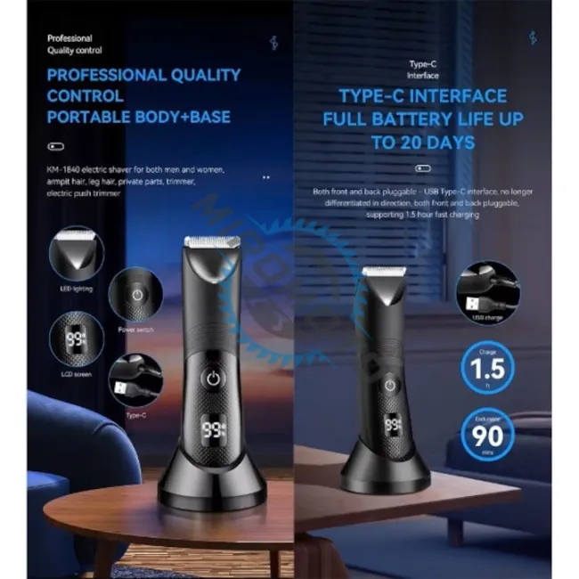 Masina de tuns profesionala, barba si corp, inghinal, rezistent la apa IPX7, reincarcabila, lumina led, 6000 rpm, cu stand, 2 arici prins parul, incarcare Type-C, negru Masina de tuns profesionala, barba si corp, inghinal, rezistent la apa IPX7, reincarcabila, lumina led, 6000 rpm, cu stand, 2 arici prins parul, incarcare Type-C, negru