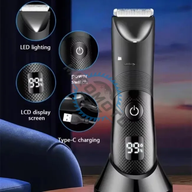 Masina de tuns profesionala, barba si corp, inghinal, rezistent la apa IPX7, reincarcabila, lumina led, 6000 rpm, cu stand, 2 arici prins parul, incarcare Type-C, negru Masina de tuns profesionala, barba si corp, inghinal, rezistent la apa IPX7, reincarcabila, lumina led, 6000 rpm, cu stand, 2 arici prins parul, incarcare Type-C, negru