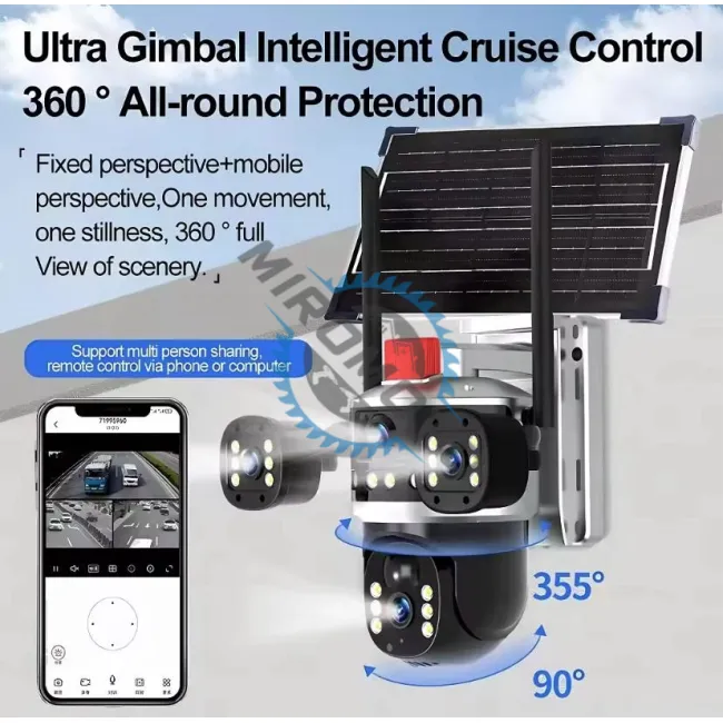 Camera de supraveghere dubla, panou solar, conexiune WIFI , 4+4 MP HD, FULL Color, 355°, alarma, senzor de miscare, vedere nocturna led ir, microfon