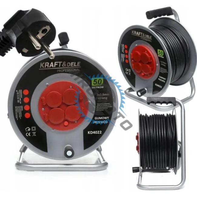 Prelungitor electric pe tambur, Kraft&Dele KD4022, 4 prize, 50 m, 3 x 2.5 mmp, Tambur metalic