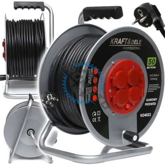 Prelungitor electric pe tambur, Kraft&Dele KD4022, 4 prize, 50 m, 3 x 2.5 mmp, Tambur metalic