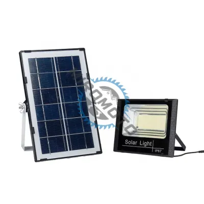 Proiector cu panou solar Jortan, 100 W, IP67, 6500 K, cu telecomanda inclusa si senzor de lumina