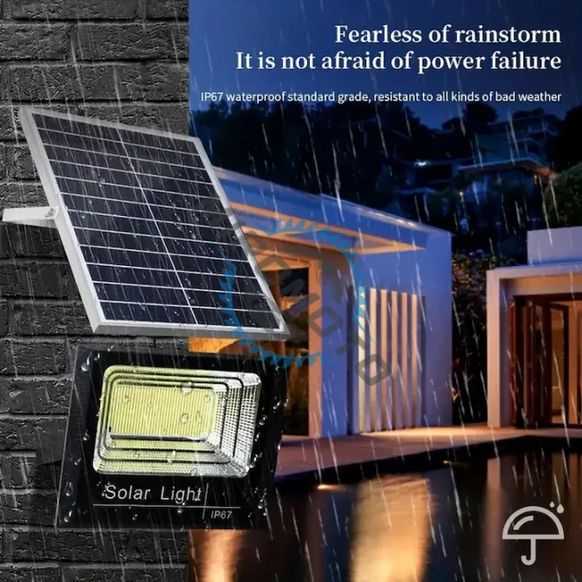 Proiector cu panou solar Jortan, 100 W, IP67, 6500 K, cu telecomanda inclusa si senzor de lumina Proiector cu panou solar Jortan, 100 W, IP67, 6500 K, cu telecomanda inclusa si senzor de lumina