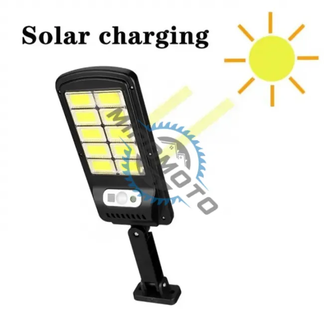Lampa Solara Stradala 120 LED, Cu Senzor De Miscare, Panou Solar Incorporat, Brat De Montare Si Telecomanda Lampa Solara Stradala 120 LED, Cu Senzor De Miscare, Panou Solar Incorporat, Brat De Montare Si Telecomanda